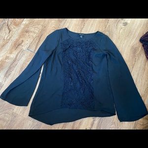 Black lace front, bell sleeve blouse